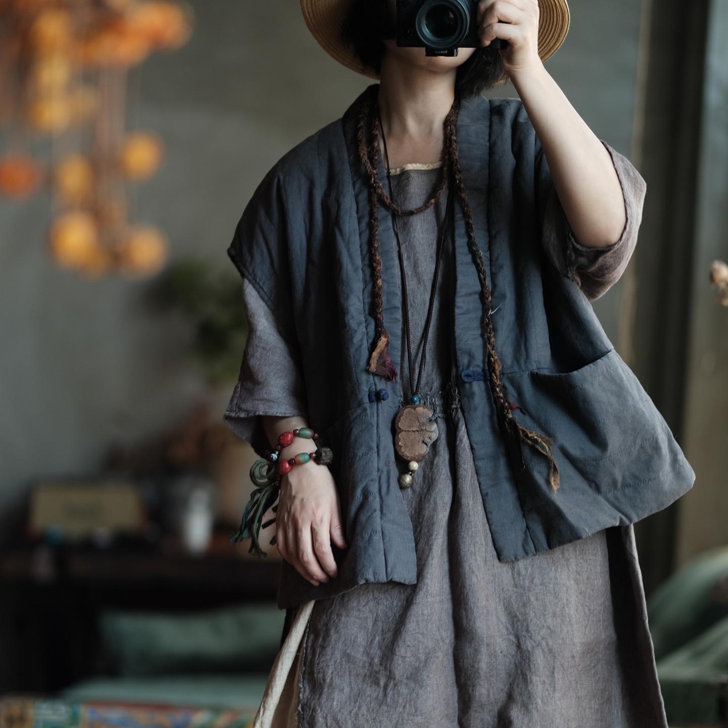 LuoGuNi Artistic Retro Chinese Style Cotton Linen Vest - Grey 1929 Autumn Wear One Size