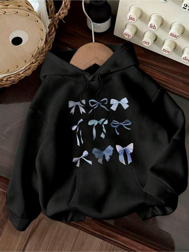 Creative Blue Bow Fresh Style Printed Hoodie In Autumn and Winter Long Sleeved Hoodie Clothing