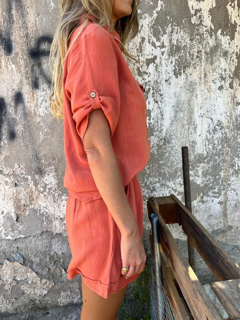 Summer New Cotton Linen Short Sleeve Shorts Set for Women