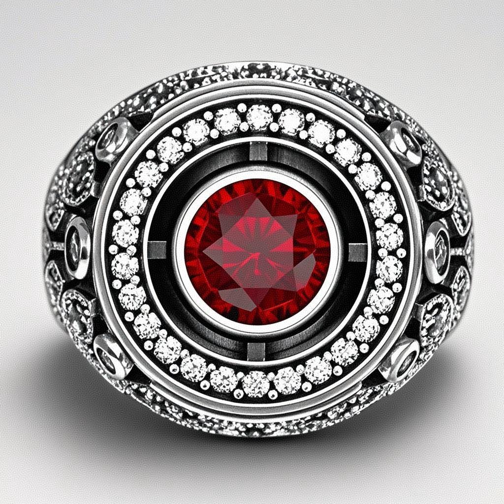 New Men's Silver Ring with Ruby and Diamond Accents