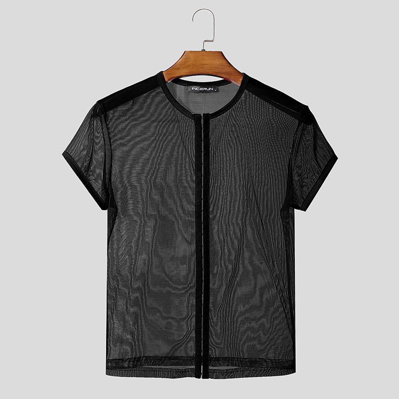 

INCERUN Summer Men Short Sleeve Front Buckle Mesh Sheer Casual T-shirts Tee S чёрный