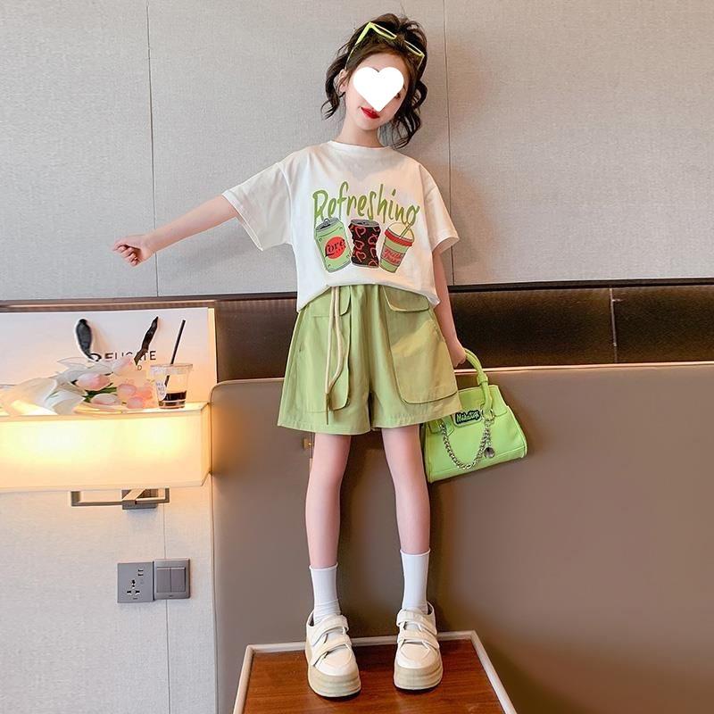 Children' Set Girls Summer Shorts Sports Suit New Sty Teteenager Girls Cartoon T-shirt Shorts Two-piece Suit Trendy