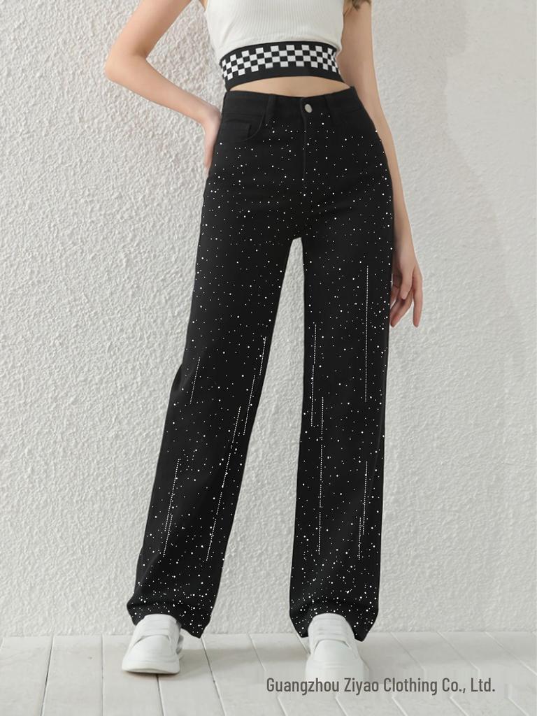 Autumn/Winter Rhinestone Black Straight-Leg Jeans: Slimming Women's Casual Fashion
