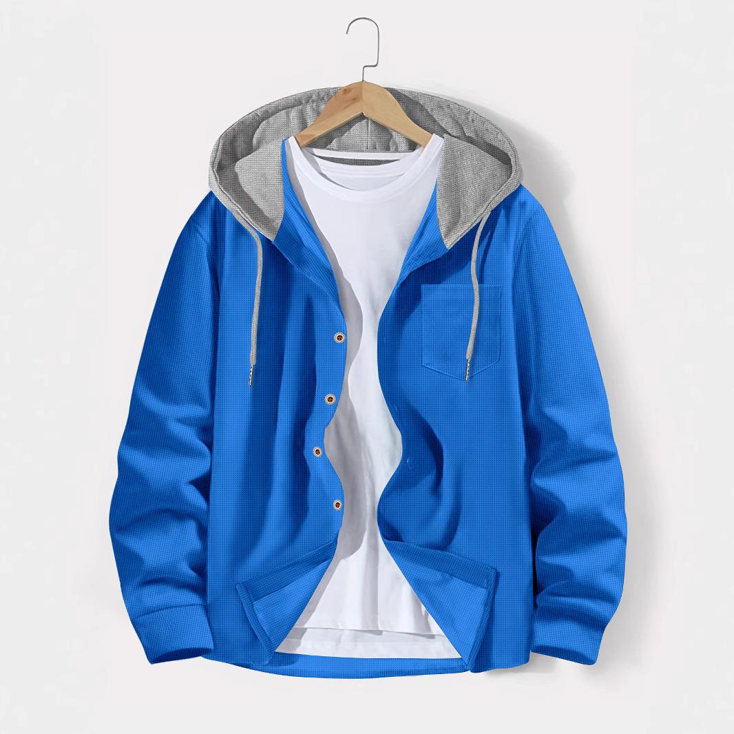 

2024 Autumn Men s Color Block Waffle Knit Button-Up Hooded Cardigan Jacket M синій