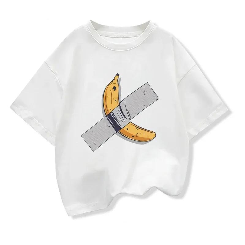 Bananas on The Wall Print Fashion Short Sleeve Womens Crewneck Loose Daily Wear Tshirt Versatile Trendy Basic Fruit Print Tops