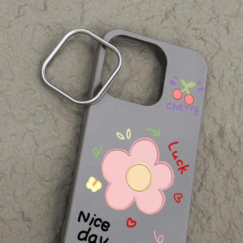 Cute Carton Flower Pattern Leather Texture Slim Soft Case For iPhone 16 Pro Max 15 14 Pro 13 12 11 Matte Lens Protection Shockproof TPU Phone Cover