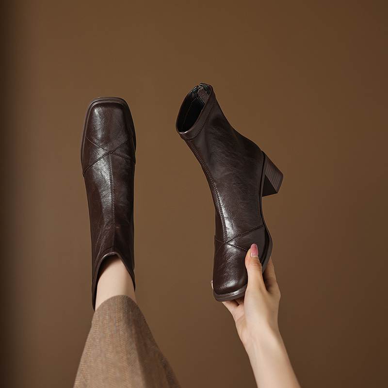 Krazing Pot Microfiber Square Toe Thick Heels Chelsea Boots Size 42 Zip Women Concise Style Elastic Ankle Boots