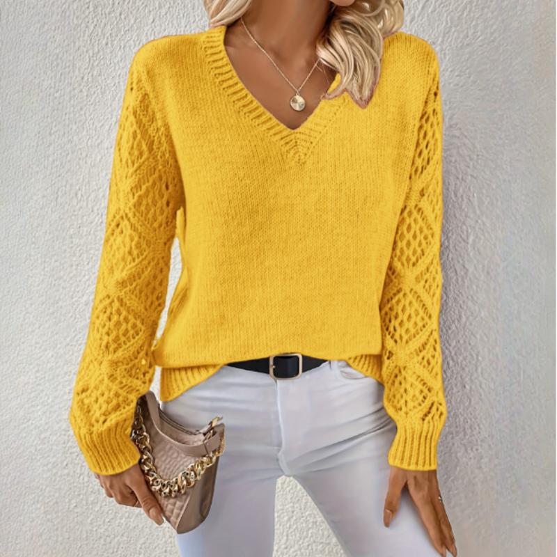 Spring and Autumn Jacket Hollow Knitted Sweater Women's Pullover Long-sleeved Crochet Jacquard Loose V-neck Bottoming Top