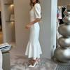 Casual White Patchwork Dresses Woman Fashion V-Neck Half Sleeve Button Dresses Elegant High Waisted Ruffled Midi Dress