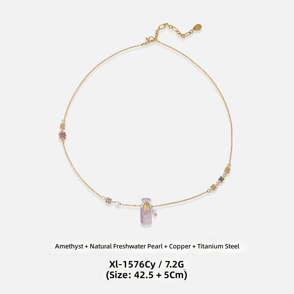 Dainty Amethyst Perfume Bottle Pendant Necklace for Women Openable Hollow Natural Freshwater Pearl Minimalist Jewelry Gift