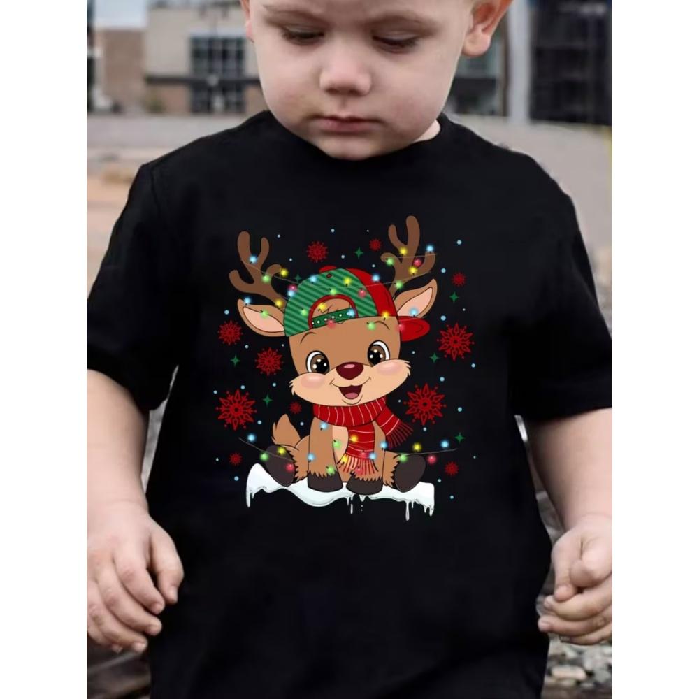 Christmas Children's T-Shirt Cartoon Deer Print Girl Clothes Cute Cartoon Pullover Tees Boy Top Casual Loose Children's Clothing