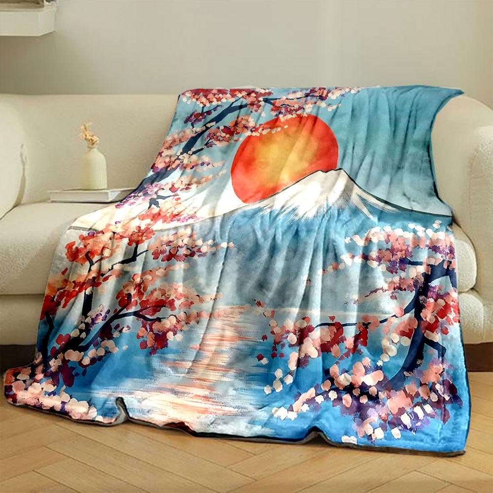 Mount Fuji with Cherry Blossoms Sunset Print Blanket Soft and Cozy Perfect for the Living Room Bed Sofa or a Nap,gift