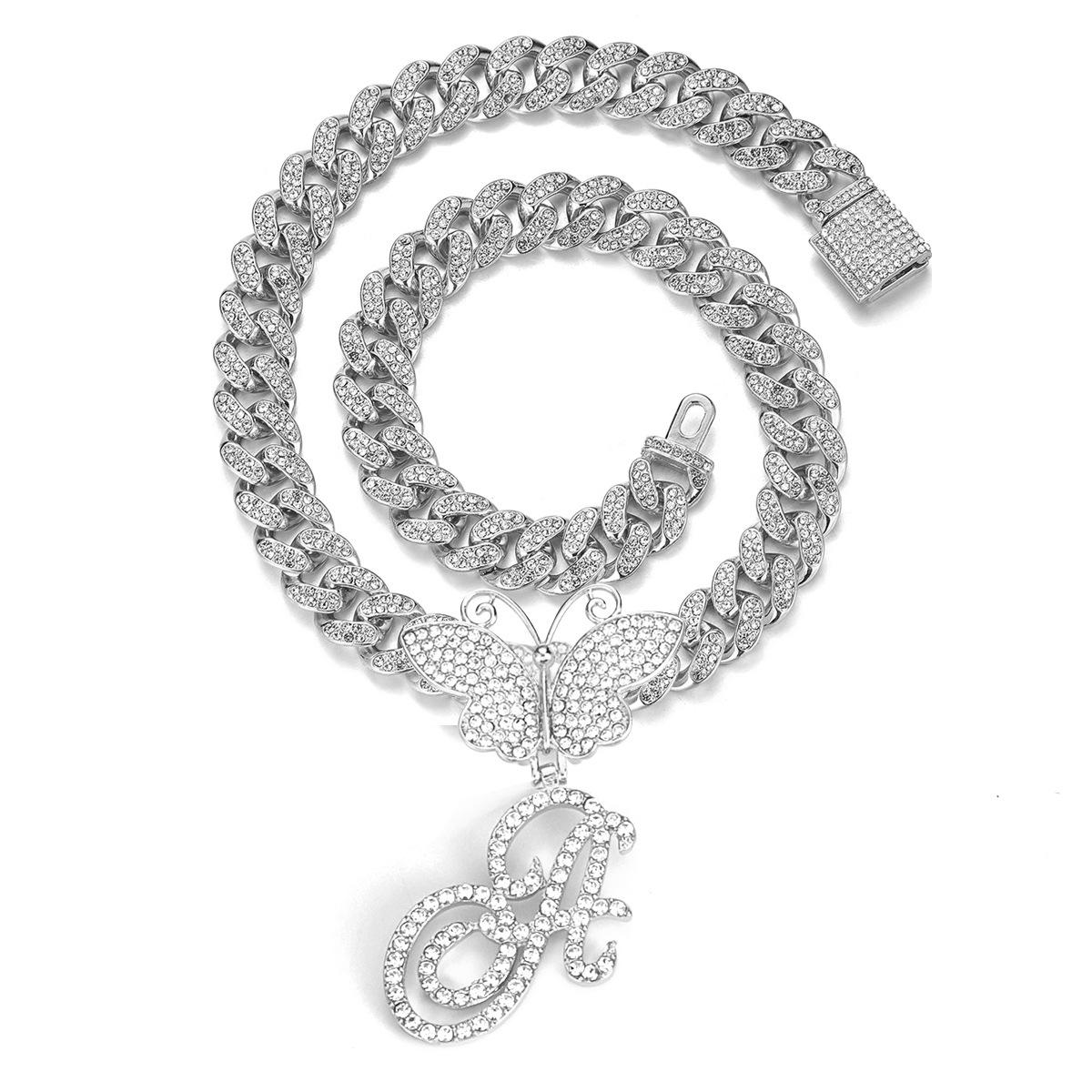 Trendy European & American Full Diamond Cuban Chain Heart & Butterfly Hip Hop Necklace Silver Rope Chain