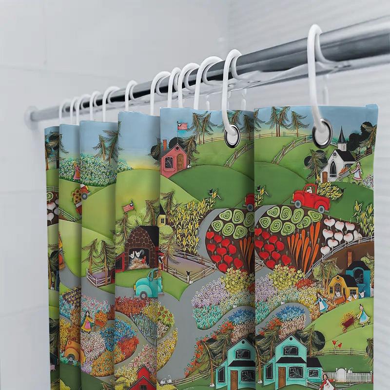 Unframed Vintage Farmhouse Shower Curtain Rustic Country Floral Bathroom Decor Farm Life Scenic Wall Hanging Backdrop