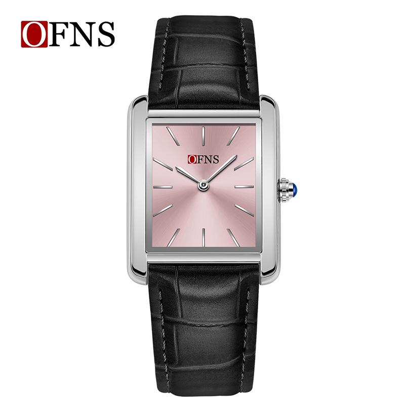 OFNS Women's Waterproof Stainless Steel and Leather Strap Square Fashion Quartz Watch