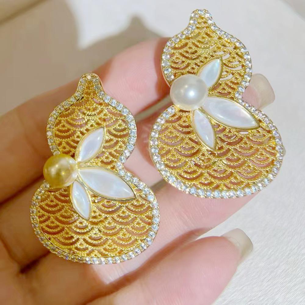 

Ретро китайская брошь в виде полой тыквы-горлянки: Позолоченная оболочка, циркон, жемчужная брошь, аксессуар для DIY