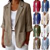 Chaqueta Blazer Casual para Mujer Mezcla de Lino y Algodón Manga Tres Cuartos Abertura Frontal Bolsillos Ropa de Abrigo Ligera