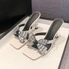 Black square head high heel cool slippers women's 2024 summer new outer wear stiletto high heels rhinestone bow one-word drag