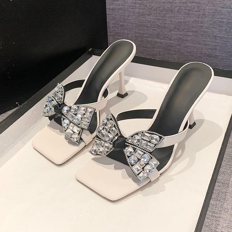 Black square head high heel cool slippers women's 2024 summer new outer wear stiletto high heels rhinestone bow one-word drag