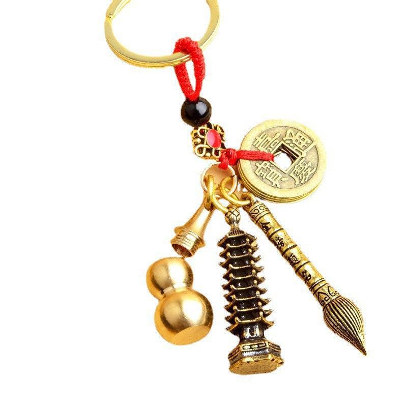 Pure Brass Five Emperors Coins Keychain: Antique Wenchang Brush & Pagoda Pendant