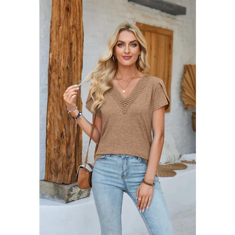 Women V Neck Pullover Petal Short Sleeves T-Shirt Summer Comfortable Casual Solid Color Loose Tops Female Elegant Commuter Tees