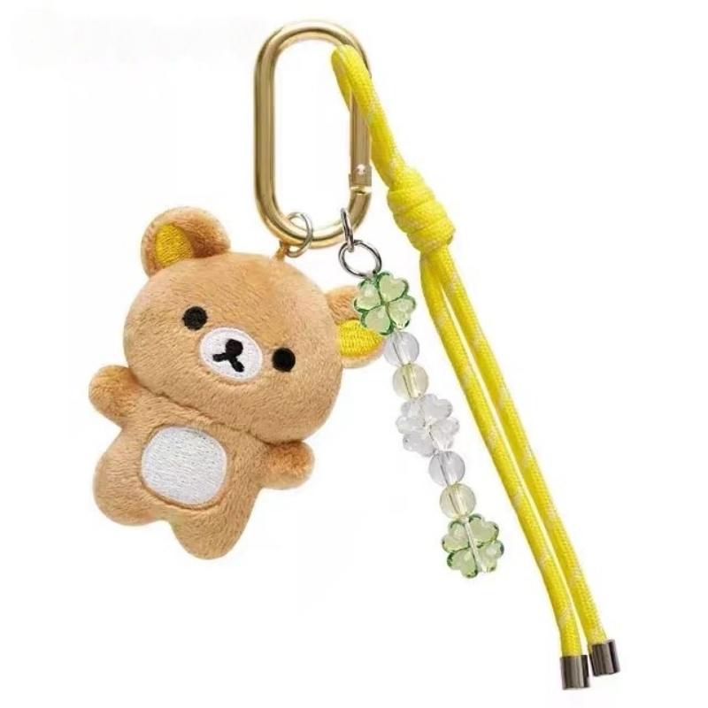8CM Rilakkuma Bear Lace Bow Carabiner Plush Keychain Four-leaf Clover Series Chairoikoguma Bear Stuffed Doll Backpack Pendant