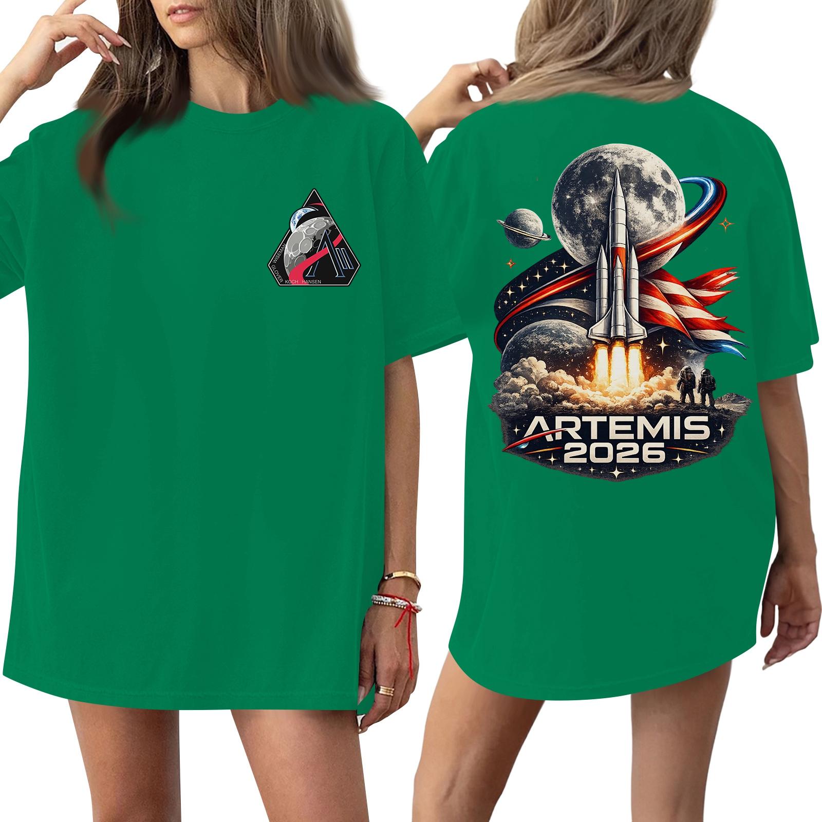 

Women’s Crew Neck Short Sleeve Relaxed Fit Graphic Print T Shirt Top with Space Rocket and Astronaut Design for Casual Wear XXXXXL зелёный