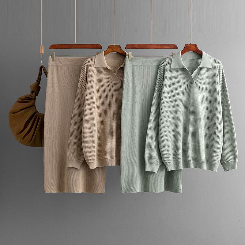 Herbst Neu Polo Ausgehöhlt Gestrickt Langärmeliges Oberteil Einfarbig Rock Zweiteiliges Set für Damen