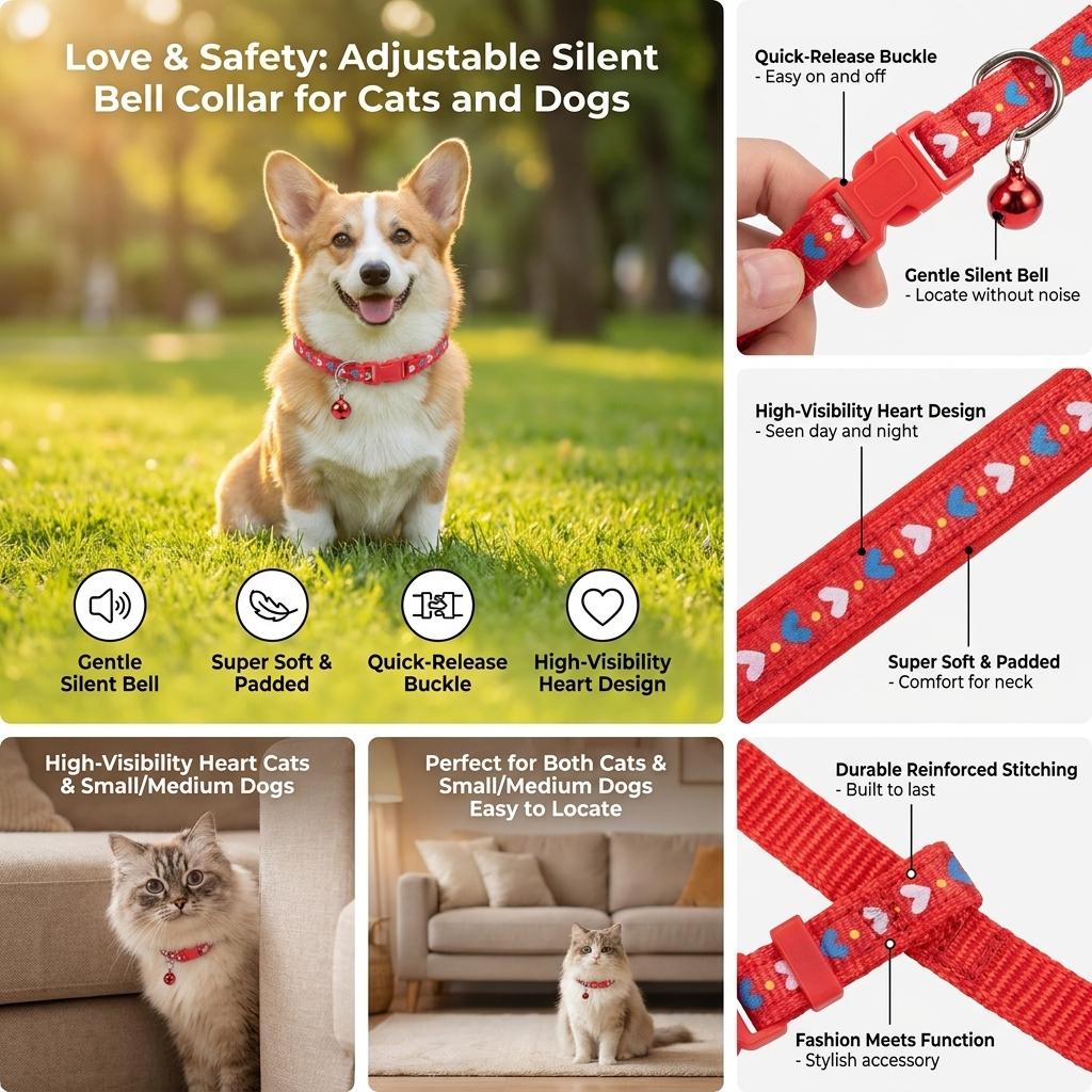 Pet Collar With Silent Bell For Cats And Dogs Adjustable Soft Fabric Love Heart Pattern