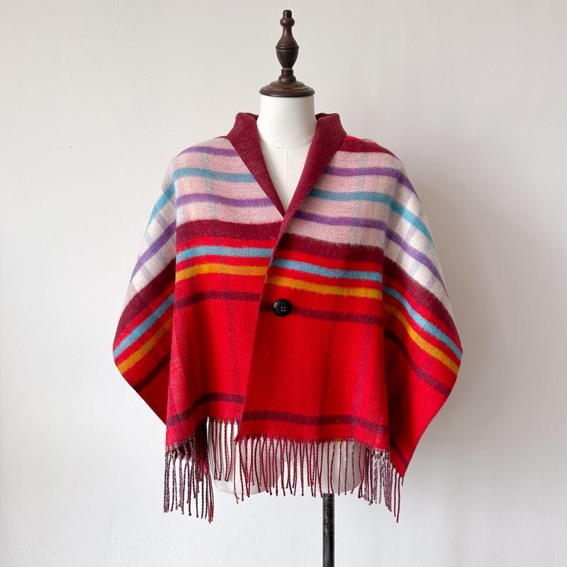 Autumn And Winter New Checkered Scarf Button Cloak Scarf Women'S Winter High End Sensation Imitation Cashmere Red Shawl