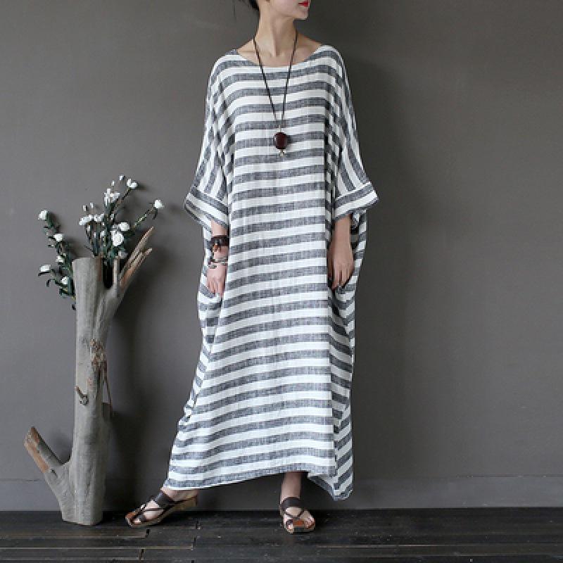 2024 Spring Ethnic-Style Mid-Length Striped Cotton Linen Dress for Women