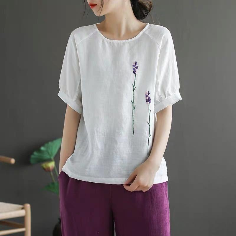 Floral Embroidery Cotton and Linen Round-neck Short-sleeved T-shirt for Women, Summer New Style Top for Women