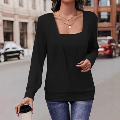 Women Blouse Square Collar Long Sleeve Fake Two-Piece Design Pullover Tops Solid Color Loose Fit Autumn T-shirt