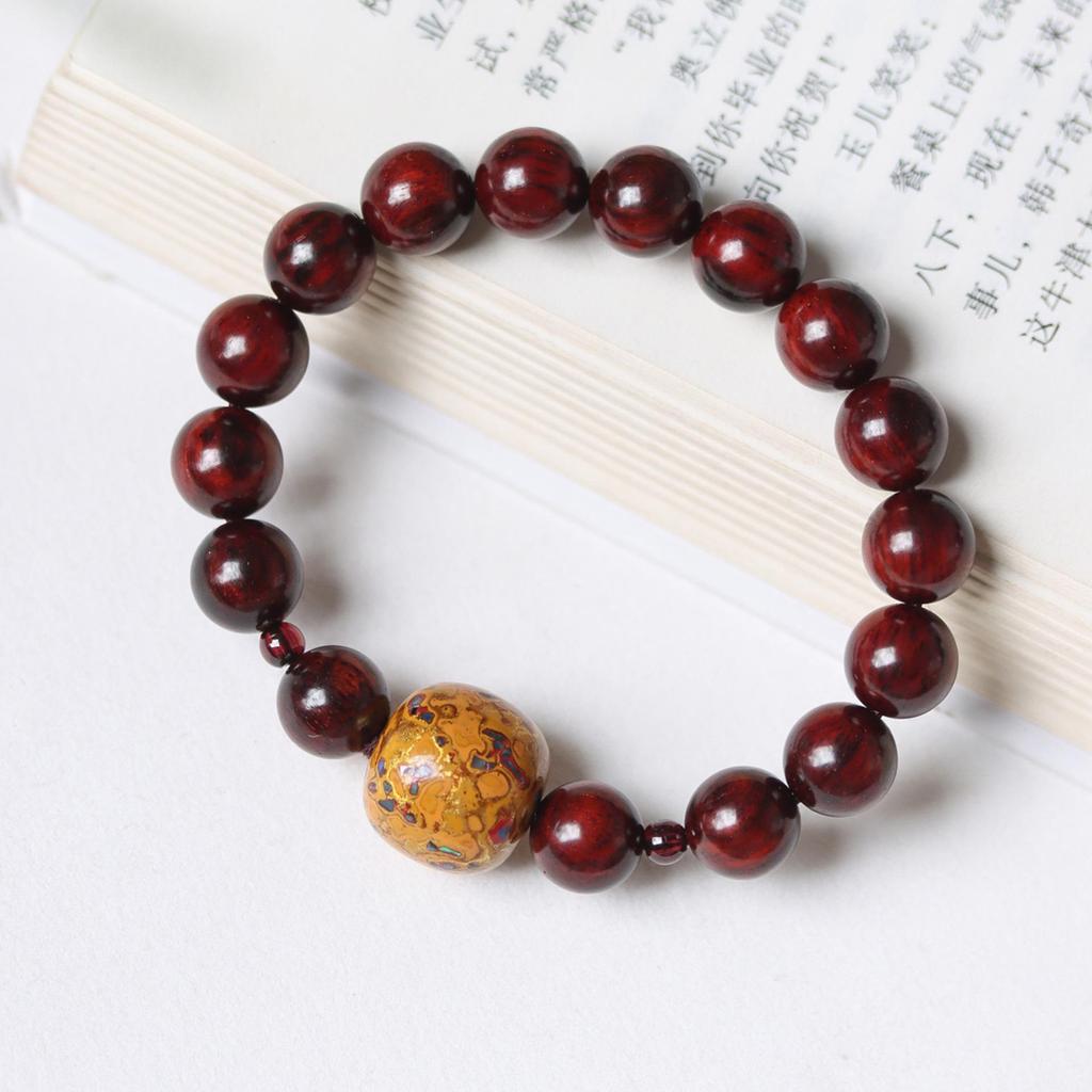 Women's Small-Leaf Rosewood Bracelet with Mother-of-Pearl Bead, Wenwan Buddhist Calming Ornament, Unisex.