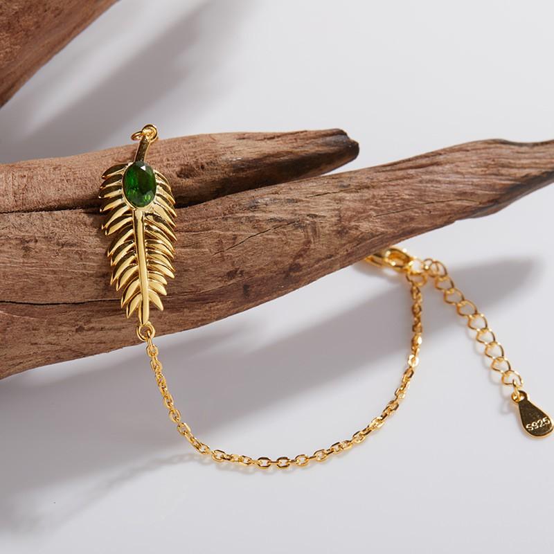 Sterling Natural Topaz Diopside Gemstone Bracelet Women Lightweight Luxury Geometric Leaf Design Gold Tone Natural Diopside Bracelet