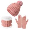 3pcs Soft Solid Color Hat Scarf Gloves Set Cute Pompom Thickened Knitted Hat with Velvet Keep Warm Beanie Hat Kids