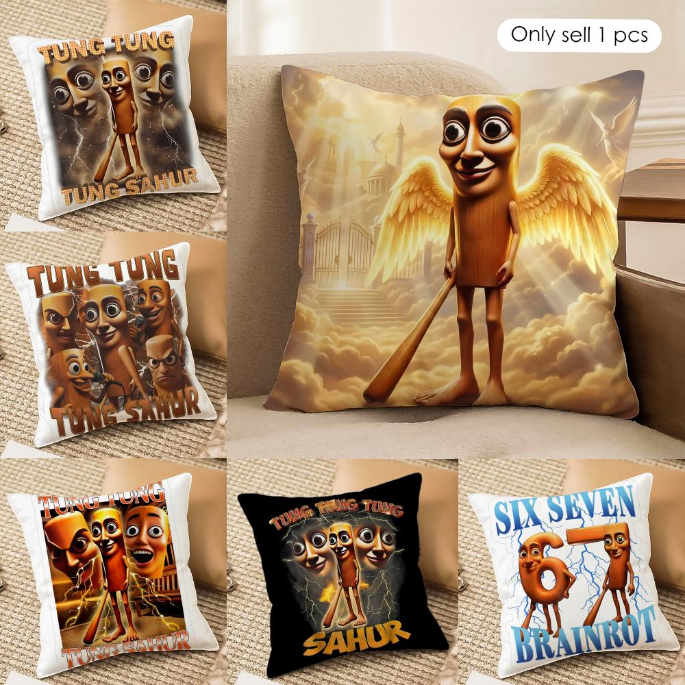 Tung Tung Sahur Six Seven Cushion Cover Silky Short Plush Invisible Zipper Dustproof Sofa Pillow Case For Home Decor