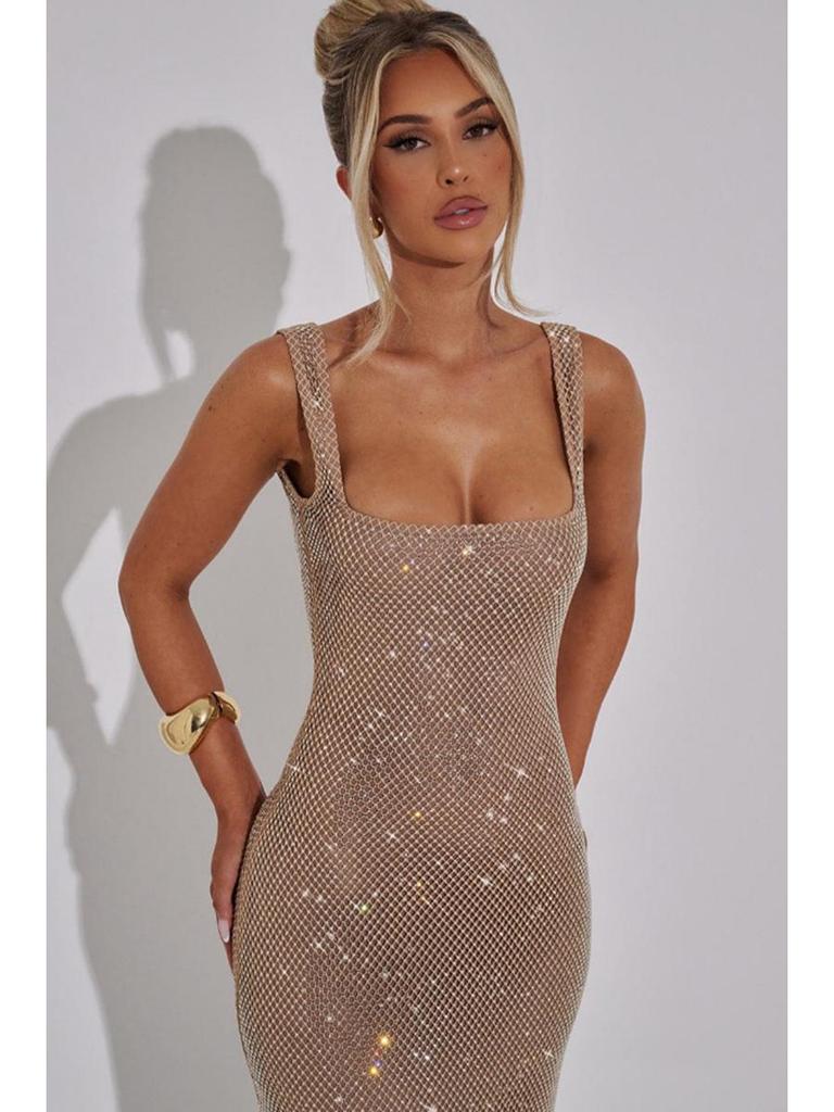 Elegant 2025 Sequin Rhinestone Bodycon Evening Dress with Double Shoulder Strap