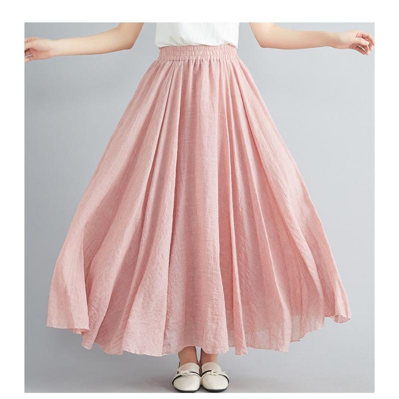 Long A-line Skirt In Cotton and Linen with Elastic Waist In Pure Color for Summer and Autumn