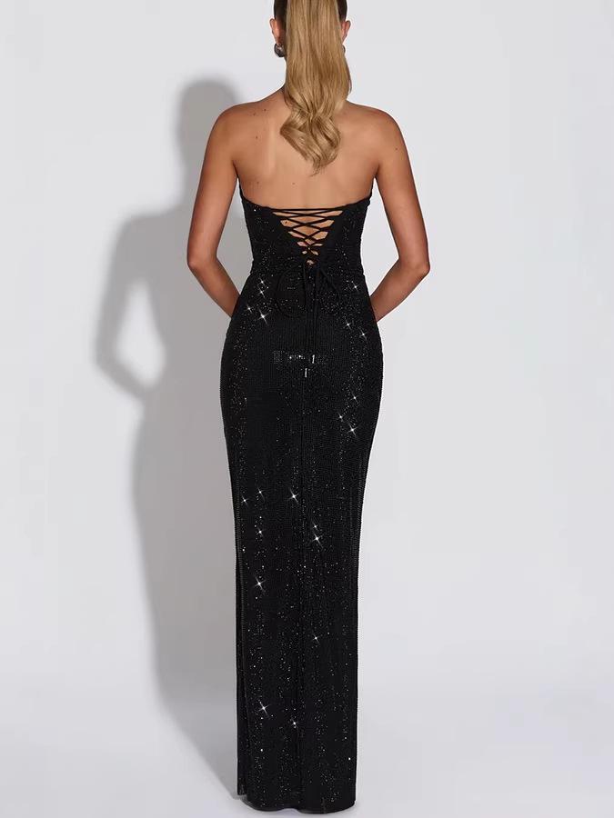 European American Women's Socialite Style Slim Fit Sleeveless Sequin Evening Gown Dress 8226