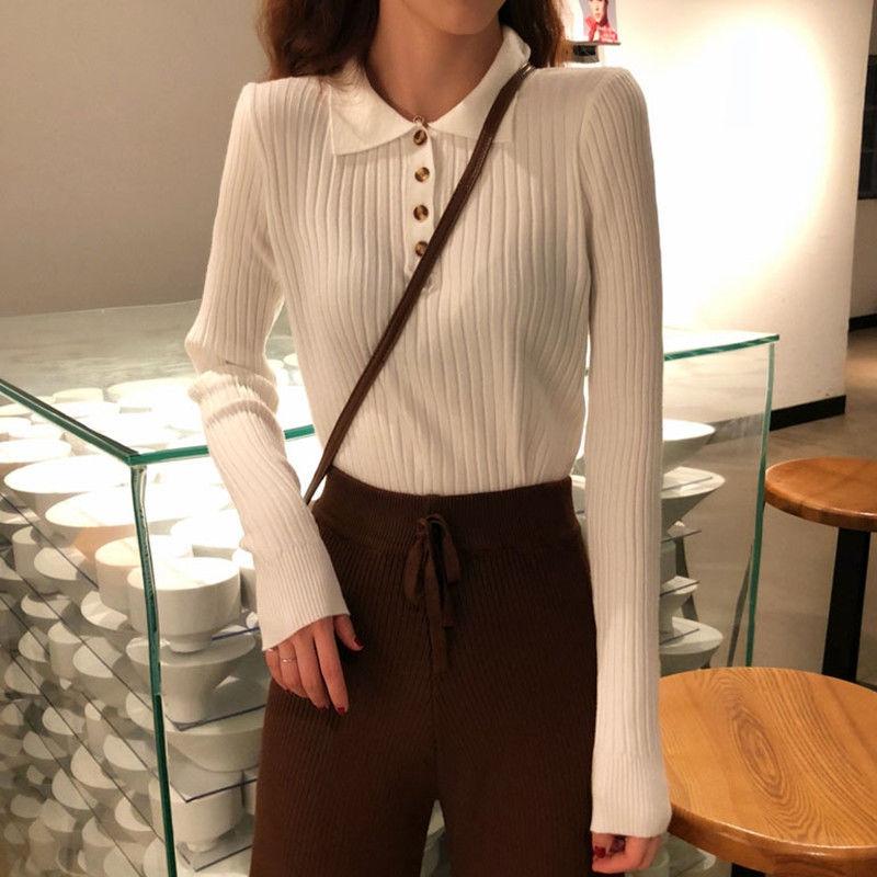 Damski Krótki Sweter z Długim Rękawem z Detalami Guzików na Wiosnę i Jesień - Kołnierzyk Polo, Miękki Styl, Odpowiedni jako Bielizna lub Odzież Wierzchnia