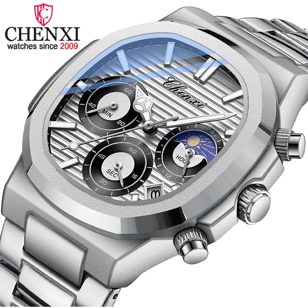 Luxury Watch Men Business Fashion Waterproof Stainless Steel Chronograph Moon Phase Quartz Wristwatch Male Clock
