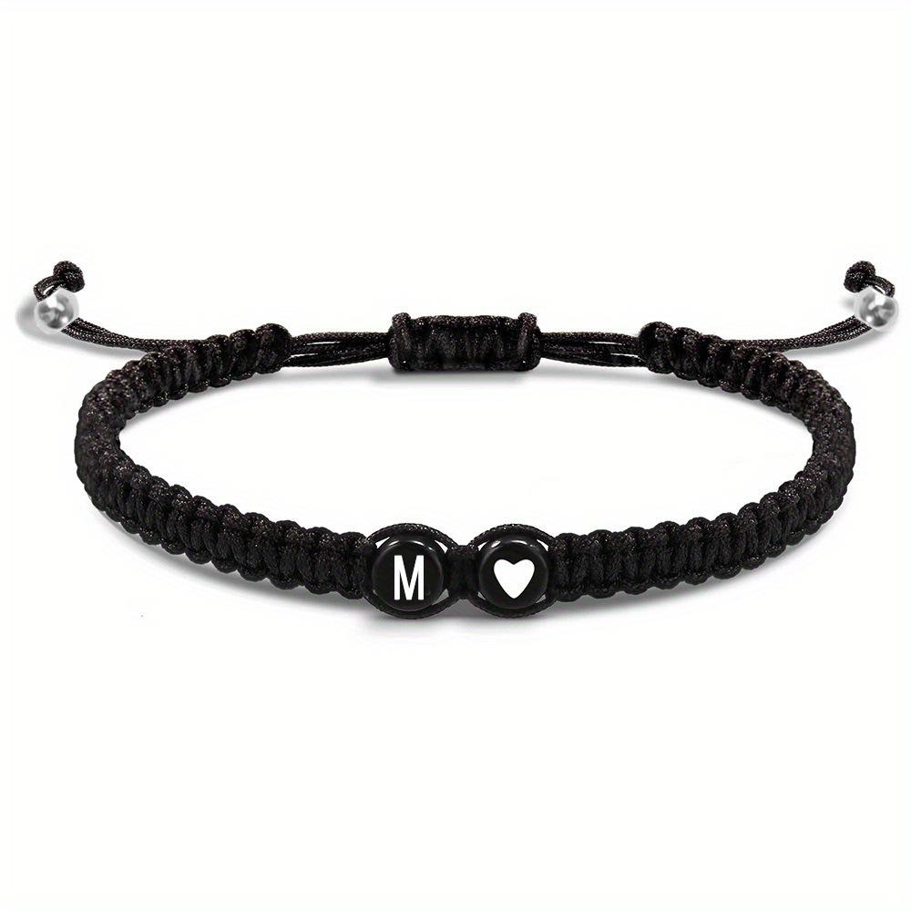 Adjustable Hand-woven Bracelet: Black with White Letter, Heart, Silver Bead - Choose from 26 English Alphabets.