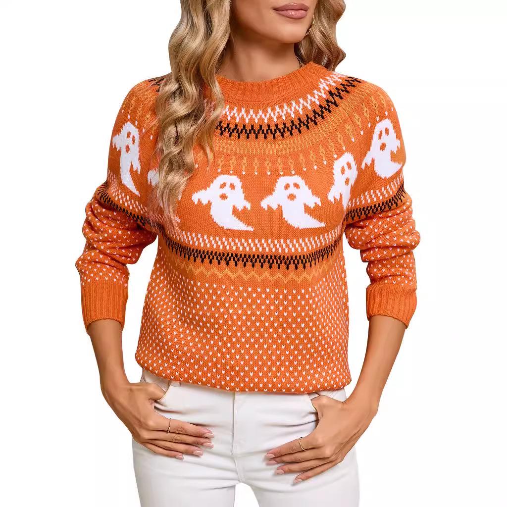 Women's European and American Retro Polka Dot Halloween Sweater - Autumn/Winter Long Sleeve Knitwear