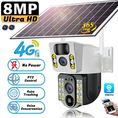 8MP 4K HD Solar IP Camera Wifi 4G Sim Dual Lens Outdoor PIR Human Detection CCTV Camera Low Powered V380pro Smart Security IP Cameras