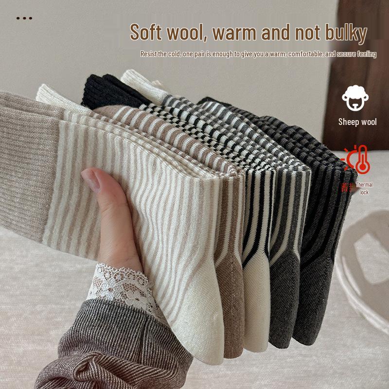 Women's Striped Wool Mid-Calf Socks - Warm and Cold-Resistant for Autumn and Winter