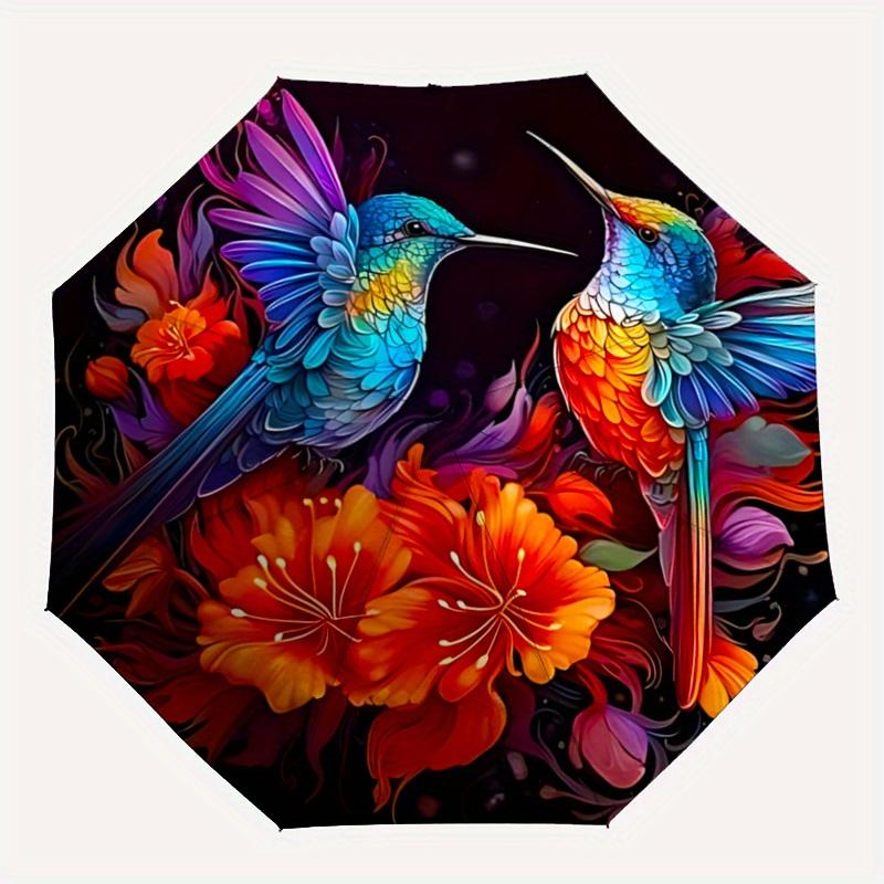 1pc Colorful Hummingbirds Amidst Vibrant Flowers Durable Cartoon Folding Umbrella,Compact Umbrella for Men and Women, Suitable for or Daily Use.N018