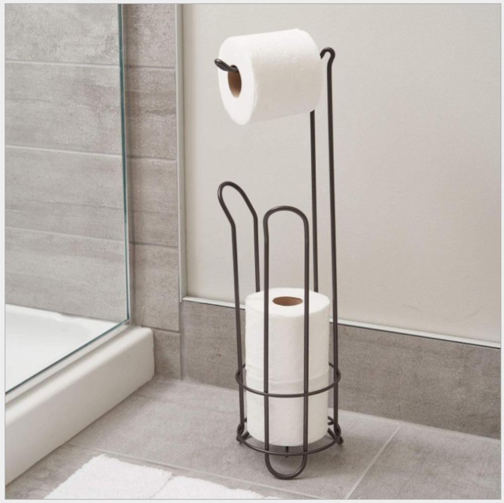 1PC Free Standing Toilet Roll Holder Stainless Steel with Extra Storage Shiny Chrome Bathroom Tissue Paper Organizer Accessories