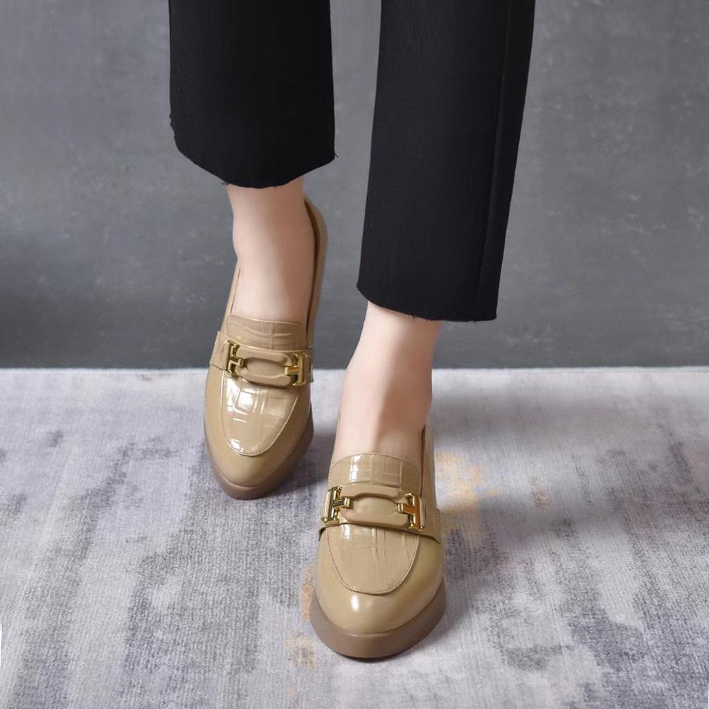 Pointed High Heels Women's Spring New Cow Patent Leather Deep Mouth Single Shoes One Pedal Thick Heel Fashion Shoes