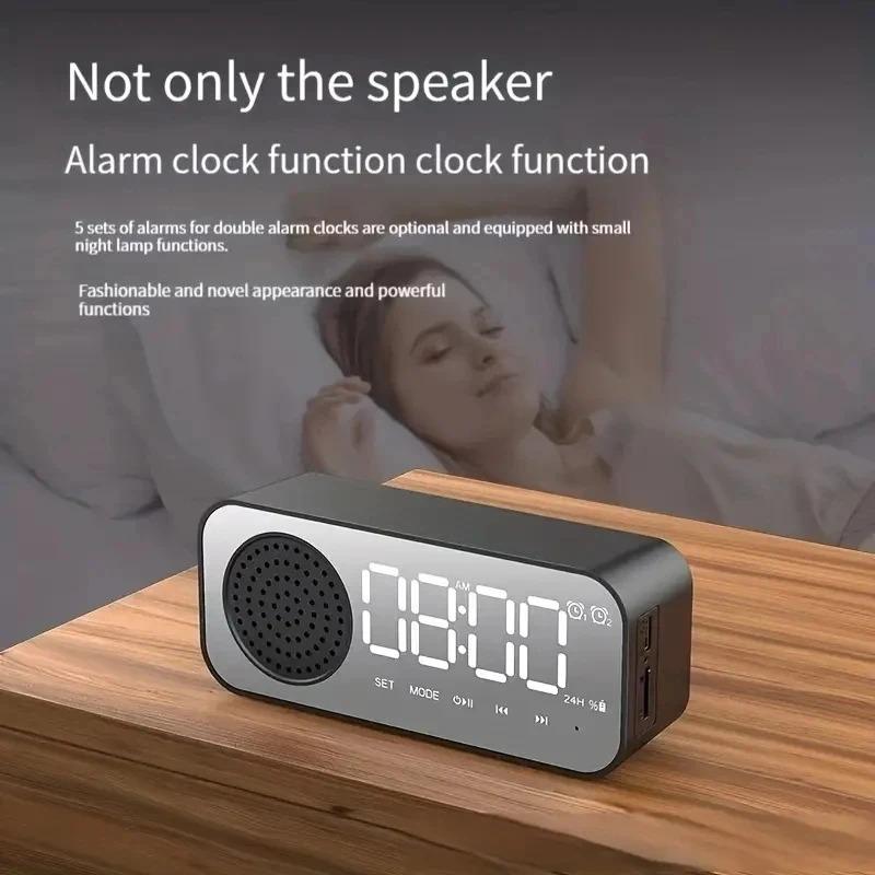 Bluetooth Wireless Audio Office Alarm Clock, Mini LED Mirror Digital Clock, Mobile Phone Speaker, Stereo Audio, FM Radio